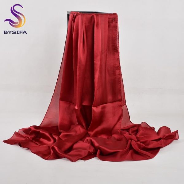 

bandanas [bysifa] chinese silk scarf winter women long satin shawl luxury wine red scarves simple muslim plain head 180*90cm, Blue;gray