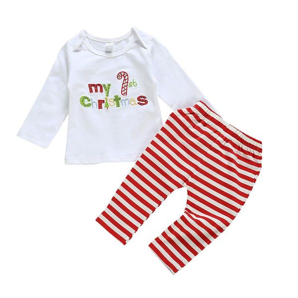 

2pcs newborn infant baby boy girl clothes christmas clothes letter t shirt striped pants outfits set vetement enfant fille, White