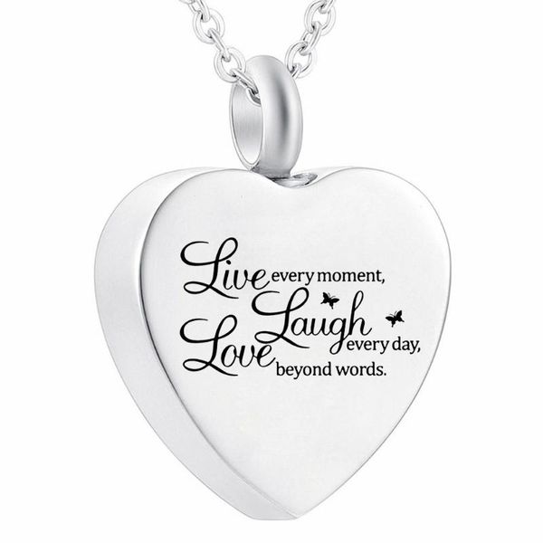 

titanium steel live laugh love heart shape cremation urn jewelry heart urn necklace pendant for ashes memorial keepsake, Silver