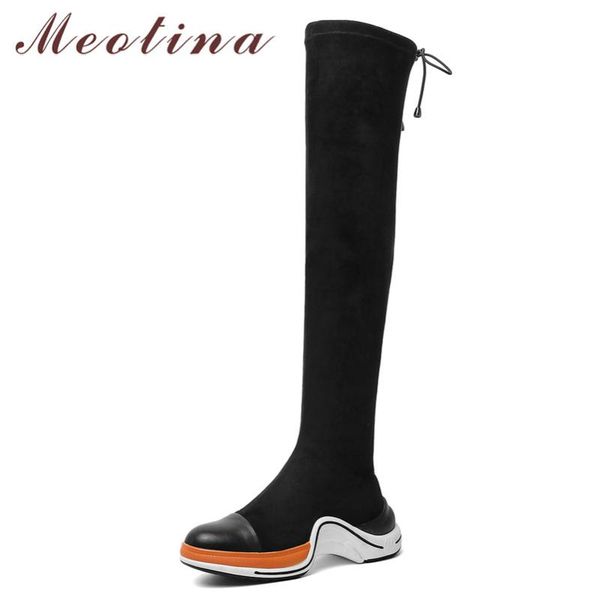 

meotina winter thigh high boots women genuine leather flat platform over the knee boots slim stretch round toe shoes lady 34-43, Black