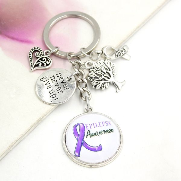 

wholesale cancer keychain cancer awareness cabochon necklace purple ribbon epilepsy awareness pendant necklace support cancer jewelry, Slivery;golden