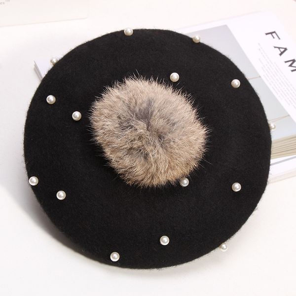 

berets female autumn winter knitted pompom pearl wool beret hat fashion vintage french outdoor warm pom painter, Blue;gray