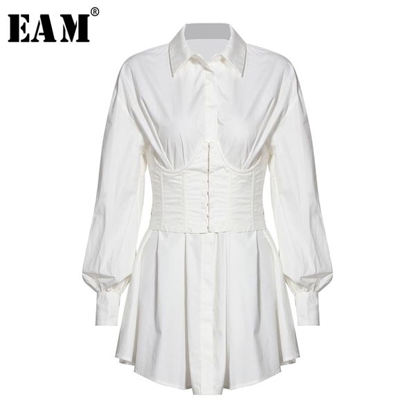 

eam] women white big size bandage pleated shirt dress new lapel long sleeve loose fit fashion tide spring summer 2020 1t922 c200919, Black;pink