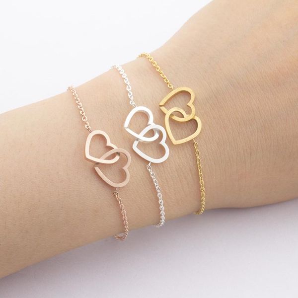 

boho rose gold double heart charm bracelets for women tiffan jewelry stainless steel men love pulseras mujer moda 2020 gift, Black