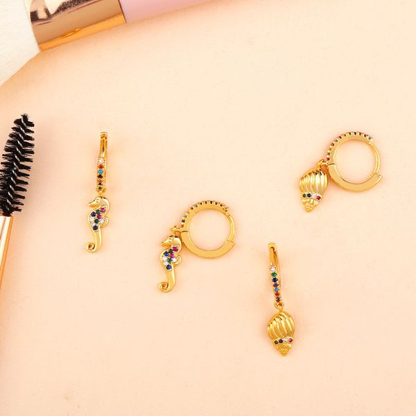 

hoop & huggie rainbow cubic zirconia rhinestone small earring seahorse conch pendant ear cuff jewelry earrings women accessories, Golden;silver