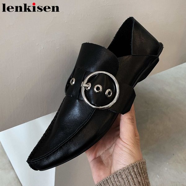 

lenkisen genuine leather pointed toe low heel deep mouth slip on shoes women metal fasteners rivet young lady daily pumps l11, Black