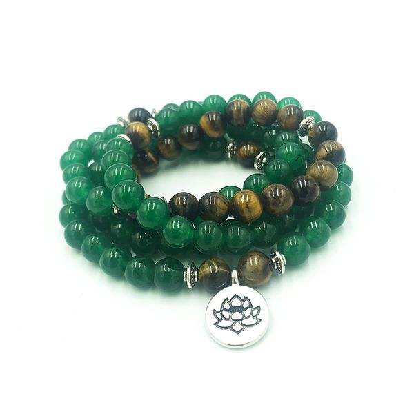 

tennis lotus om charm 108 prayer beads wrist green aventurine wraps bracelet for mala yoga, Golden;silver