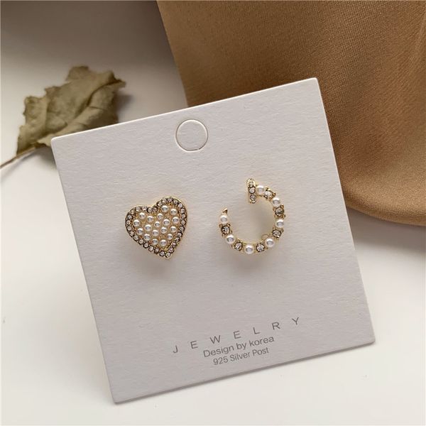 

fashion asymmetric stud earrings for women delicate zircon acrylic pearl heart brass earrings jewelry wholesale, Golden;silver