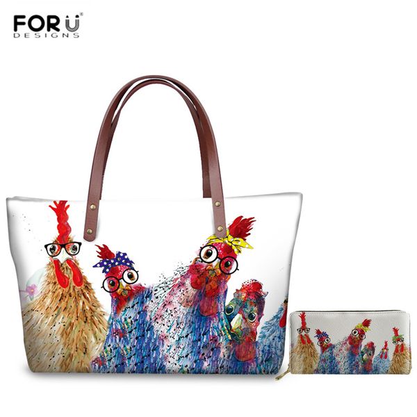 

forudesigns female funny rooster print messenger bag big capacity handbags for casual women 2pcs/set shoulder bag shopping totes