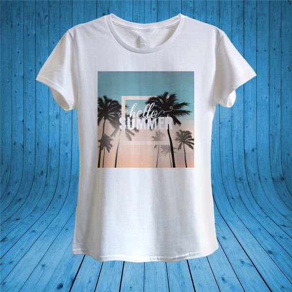 

hello summer print palm trees summer holidays t - - shirt 100% cotton women tee tee shirt