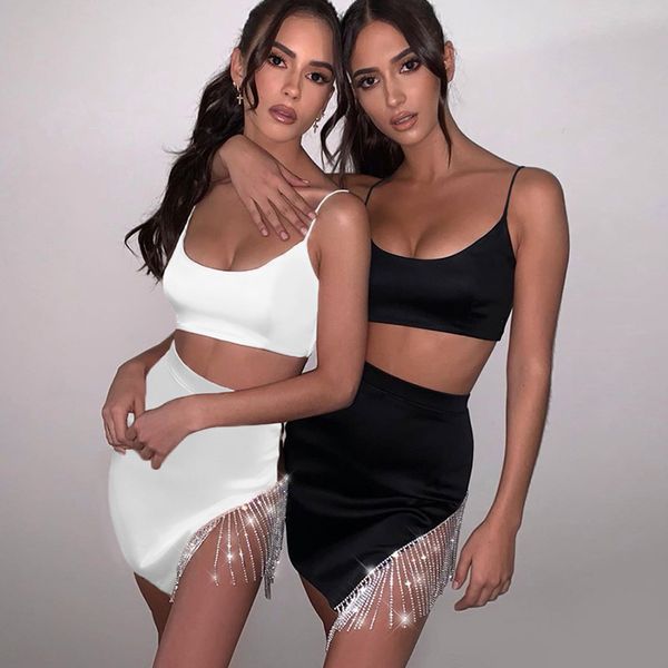 

bkld glitter rhinestone women fashion tassel two piece skirt sets 2020 summer matching sets sleeveless crop +mini skirt, White