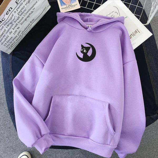 

moon cat print warm streetwear kawaii sweatshirt korean style women harajuku hoody girl cute hoodie japan punk fashion simple, Black