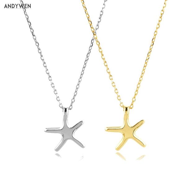 

andywen 925 sterling silver gold seafish pendant star chain necklace 2020 luxury plain rock punk party small simple jewelry