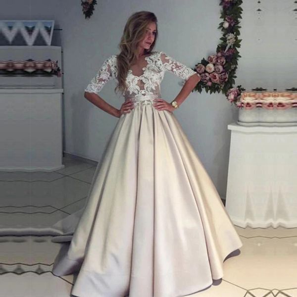 

o neck wedding dresses floor length applique back button half sleeve a line backless satin bridal dress vestido de noiva, Blue;red