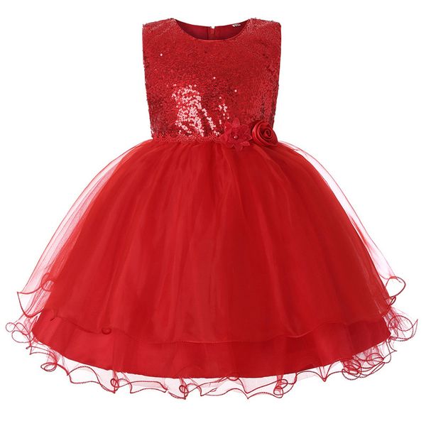 

elegant girls sequin ball gown dresses teenage girl flower mesh dress children clothing wedding party princess birthday dress, Red;yellow
