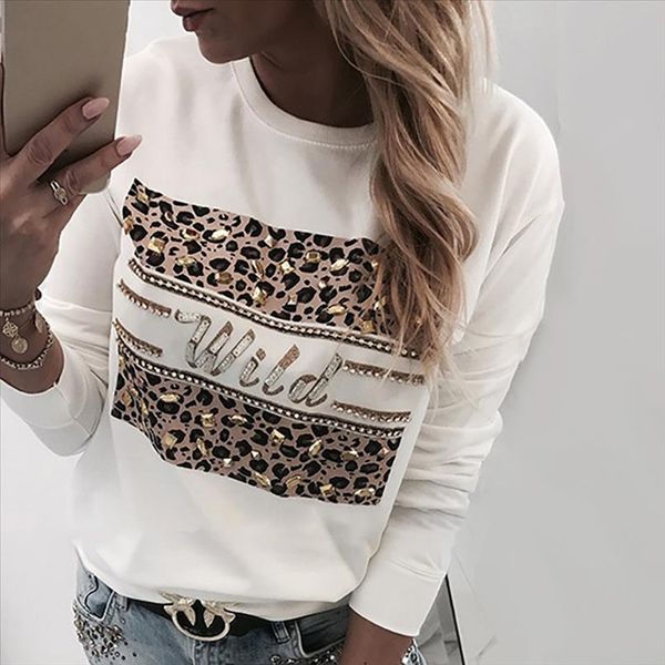 

white jumper womens casual leopard sweatshirt autumn long sleeve 2020 new female reinstone letter printed hoodie pullovers d30, Black