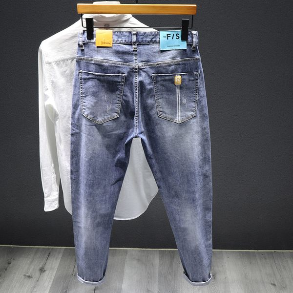 

2020 летних тонкий новые моды бренд мужских корейских джинсов и джинсов в стиле тонких подходят ноги всех-матч ультрамодных печататься похуд, Blue