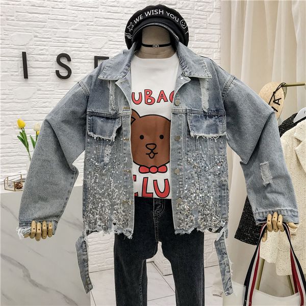 

0228 women's 2020 new loose fashion heavy industry sequin design sense hole denim jacket tide, Black;brown