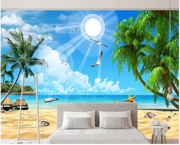 

3d wallpaper custom p mural blue sky white clouds beach coconut trees seascape home decor living room wallpaper for walls 3 d