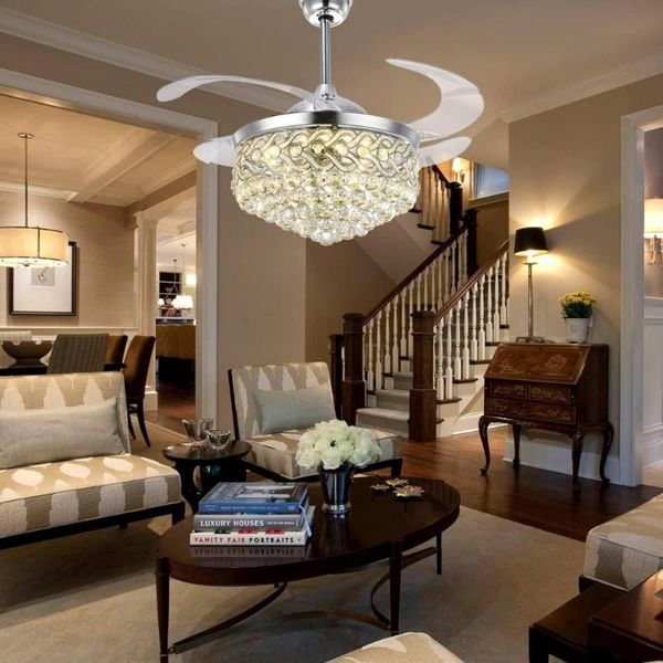 

110v crystal fan light dining room living room modern simple light luxury fans bedroom ceiling fan