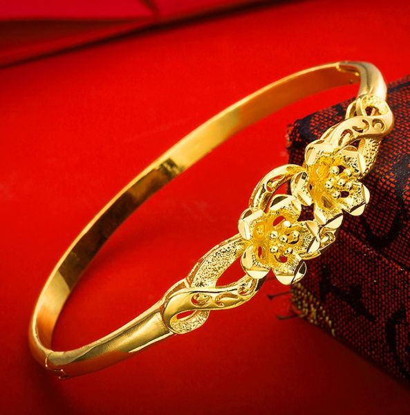 

flower pattern openable bangle yellow gold filled womens bracelet gift, Black