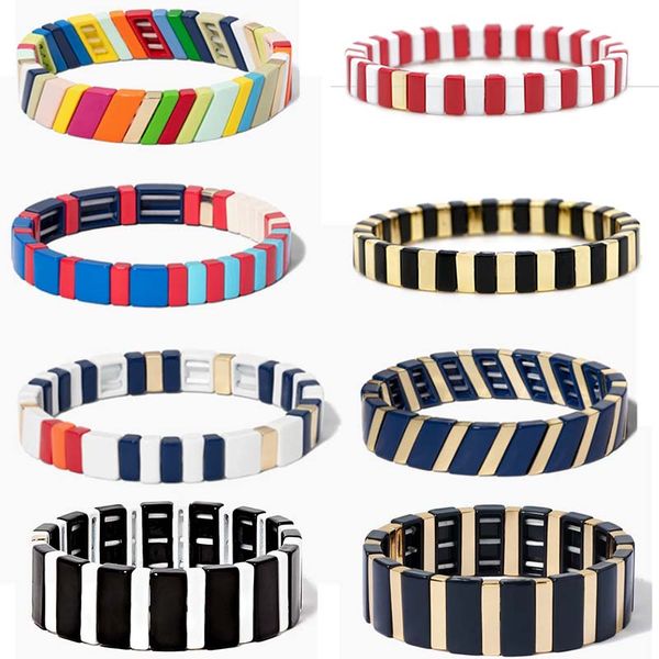 

bohemian enamel tile bracelet for women men handmade friendship stackable colorful painted metal bangles gifts, Golden;silver
