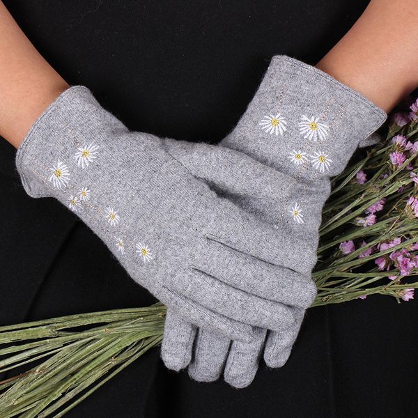 

fashion wool velvet thick embroidery flower warm cycling driving glove winter women cashmere full finger touch screen mitten e96, Blue;gray