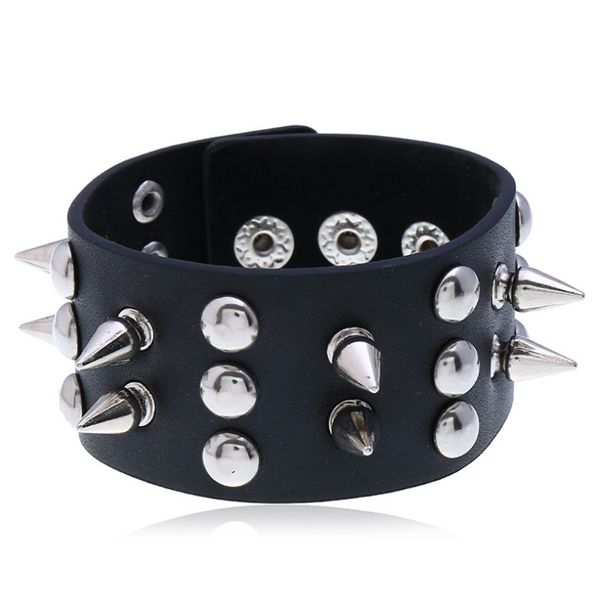 

charm bracelets punk rock gothic black wide bracelet fashion cuff leather metal spikes rivets stud biker wristband wrap bangle women men jew, Golden;silver