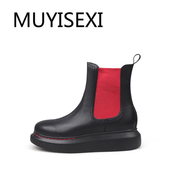 

platform ankle boots genuine leather round toe 4cm med heel lazy design slip on winter season handsome lady hl293 muyisexi, Black
