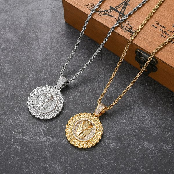 

hip hop cz stone paved bling out egyptian pharaoh tutankhamun round pendants necklace for men rapper jewelry drop shipping, Silver