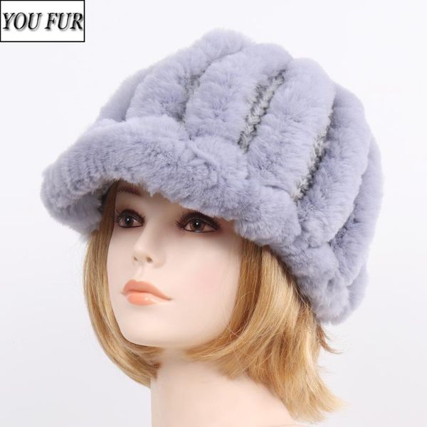 

beanie/skull caps female winter natural rex fur striped hat women knitted 100% genuine hats warm real floral beanies cap, Blue;gray