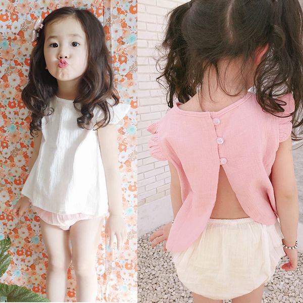 

Summer Girls White Pink Korean Blouse Toddler Baby Kids Cotton Linen Clothes Sweet Ruffle Sleeve Shirt Children Clothing