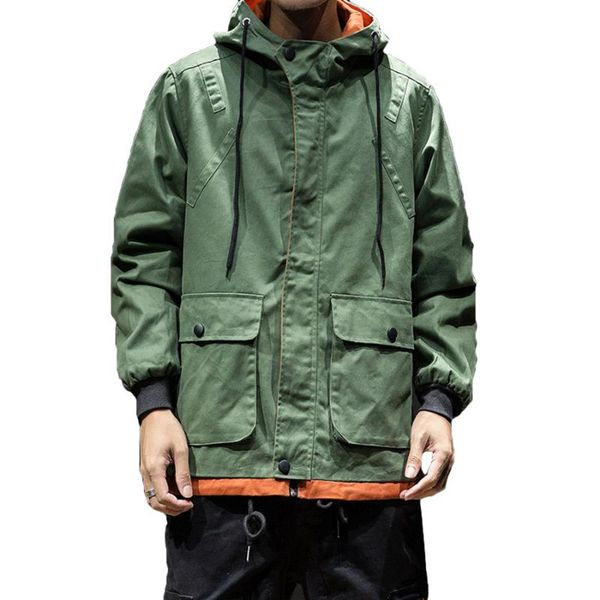 Армия Зеленый Требовый Пальто Мужчины Корейский Стиль Мода Одежда Мужской Капюшон Требовый Пальто Куртка Мужская Старинная Ветровка High Street