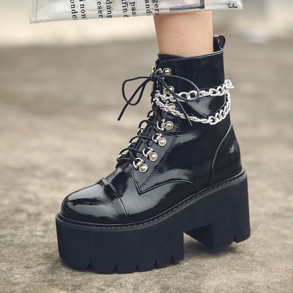 

2020 new women's fashion boots brand leather shoes women platform outdoor shoes ankle boots with metal chains party, Black