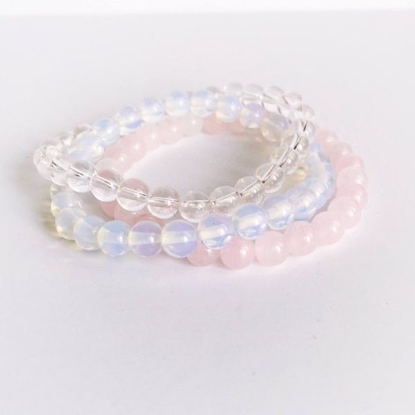

personal relationships bracelet set 6mm clear q-uartz opalite & rose q-uartz mala bracelet healing bracelets stacking jewelry, Golden;silver