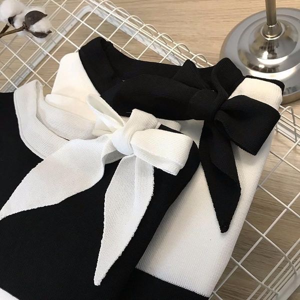 

patchwork bow short sweater women elegant knitted crop pullover korean fashion basic slim sweaters 2020 new arrival, White;black