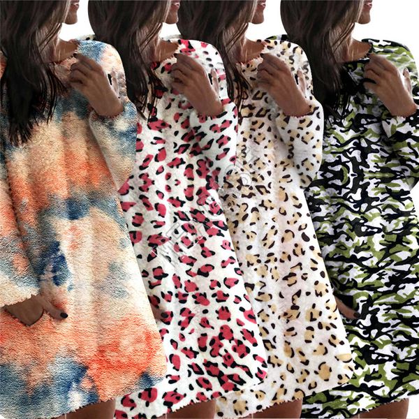 

2020 женской sherpa fleece hoodie зима теплых плюшевый платье пуловеры tie-краситель leopard камуфляж шинель верхняя одежда пижама для берем, White