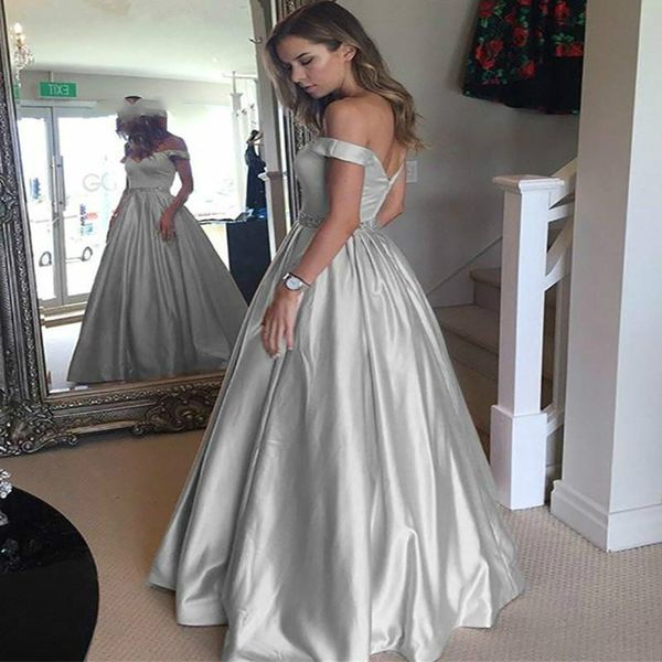 

silver yellow long prom dresses 2020 off the shoulder satin beaded evening formal dress backless rose gold prom party gowns with pocket, Black