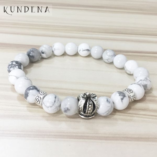 

popular crown charm bracelet for women natural howlite j-asper beads stretch wrists ladies/girls fashion crown bracelet, Golden;silver