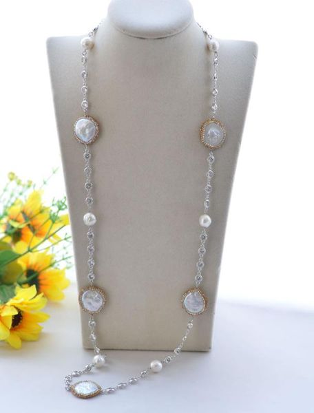 

p7696 34"~50" 25mm white coin & edison pearl cz chain yellow gold-plating necklace, Silver