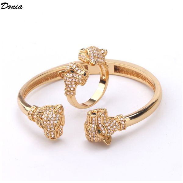 

donia jewelry european and american fashion exaggeration classic double leopard head inlaid zirconia bracelet set designer bracelet ring, Black