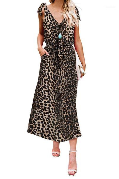 

maxi dresses boho style spaghetti strap summer womens dresses v neck sleeveless backless solid color leopard printed, White;black