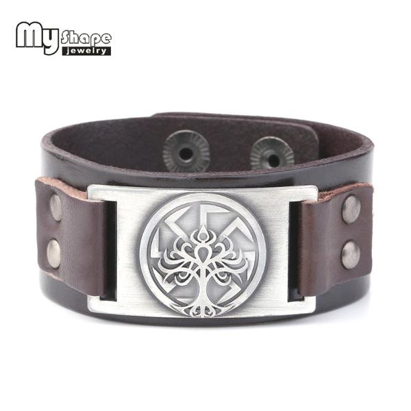 

my shape Tree of Life Black Brown Genuine Leather Bracelet Men's Vintage Snap Botton Bangles Symbol Sun Wheel Jewelry