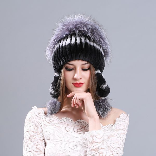

Winter new style earmuffs for cold and warm hand crochet knitting ladies rex fur, Blue;gray