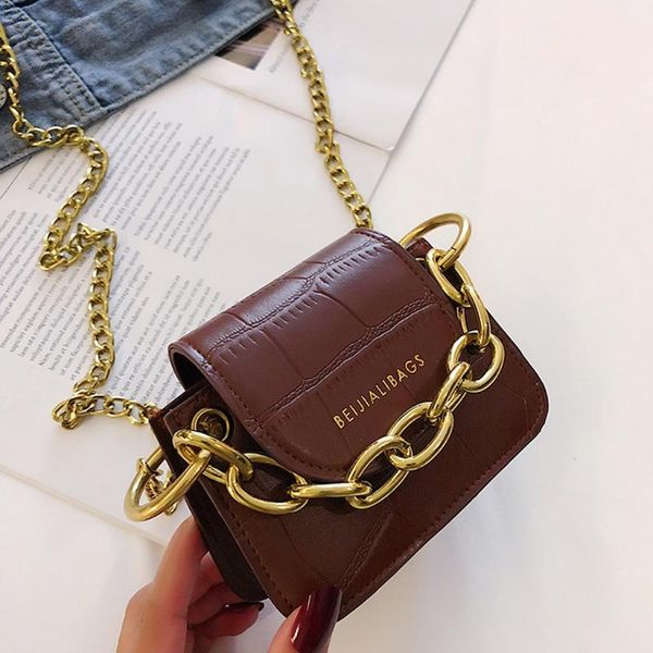 

new stone pattern pu leather crossbody bags for women thick chain design shoulder messenger bag lady mini tote lipstick handbags