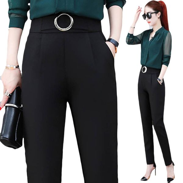 

women's pants & capris summer 9-point women korean version loose show thin high waist elastic casual suit metal square button and round, Black;white