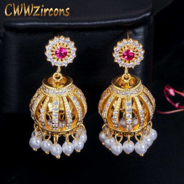 

cwwzircons vintage royal design cubic zirconia gold dangling tassel drop pearl beaded ethnic earrings for women cz611, Silver