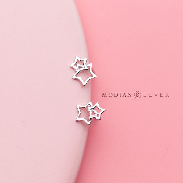 

modian 100% solid 925 sterling silver star in stars charm trendy stud earrings for women girl fashion earrings korean jewelry, Golden;silver