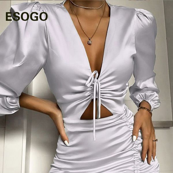 

casual dresses silver puff sleeve v neck women dress elegant black lace up ruffle irregular hollow out high waist vestidos, Black;gray