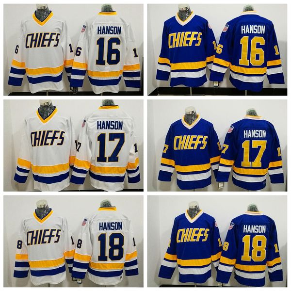 

hanson brothers slap scharlestown chiefs 16 jack hanson 17 steve 18 jeff hanson blue white ccm movie hockey jersey stitched mens, Black;red